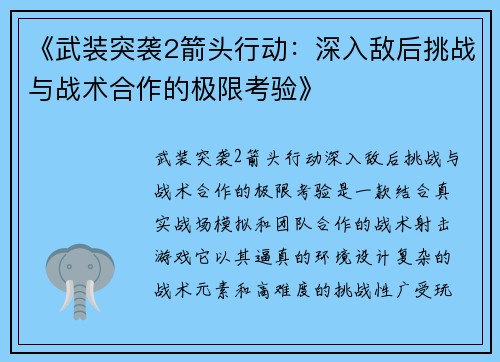 《武装突袭2箭头行动：深入敌后挑战与战术合作的极限考验》
