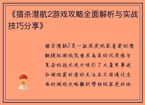 《猎杀潜航2游戏攻略全面解析与实战技巧分享》